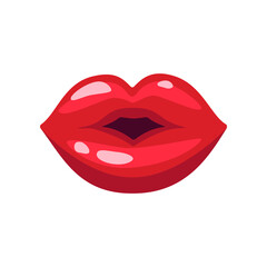 Lips of women with red lipstick in kiss motion vector illustration. Cartoon drawing open comic female mouth, lip gloss, girl sending kiss. Love, desire, glamour concept