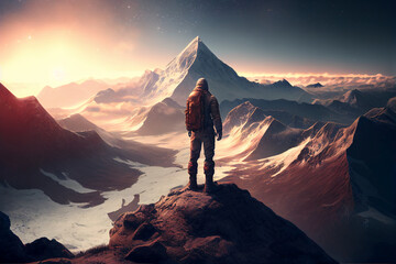 A man stand on the mountains sunset realistic 4K created by AI technology