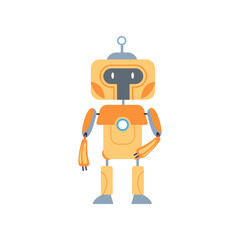 Yellow robot mechanical toy for children vector illustration. Cartoon drawing of robotic toy for kids, robot or cyborg. Technology, future concept