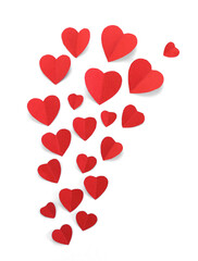 Valentine concept. Paper red hearts on white background