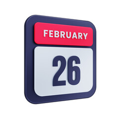 February Realistic Calendar Icon 3D Illustration Date February 26