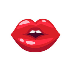 Lips of woman with red lipstick showing teeth vector illustration. Cartoon drawing of open comic female mouth, lip gloss. Love, desire, glamour concept