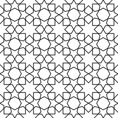 Mashrabiya Arabic seamless pattern. Islamic arabesque geometric background. Muslin ethnic line mesh ornament with stars, islamic textile pattern, fabric or wrapping paper monochrome vector print