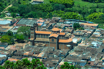 Aerial view of the brick church of Jerico (Catedral Virgen de las Mercedes), Antioquia, Colombia, from the Cerro las Nubes (Mount of the Clouds).