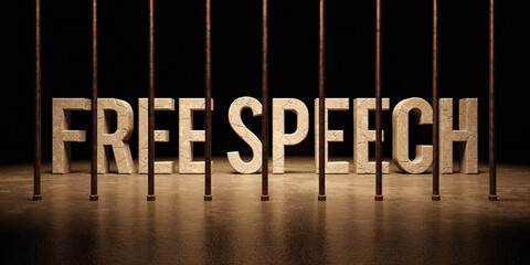 Free speech text word message from behind bars in prison 3D render, censored concept