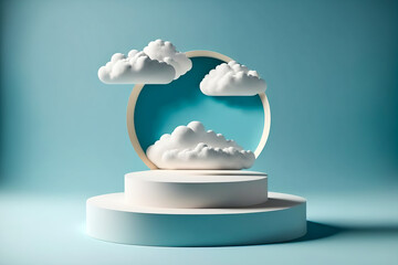 Product podium with white clouds. Product presentation stand on blue background, 3d rendering
