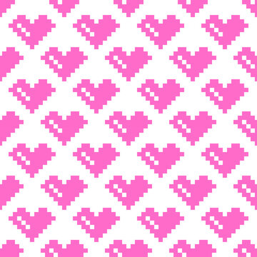 Pink pixel hearts on a white background. Seamless vector pattern, print for Valentine's Day