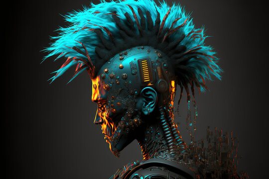 Cyberpunk robot criminal hacker - 3D illustration of science fiction skull faced cyborg with mohawk hair (ai generated)