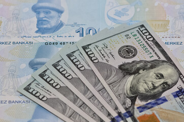 Obraz na płótnie Canvas Images of banknotes of various countries. US dollar and Turkish lira photos.