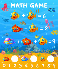 Fototapeta na wymiar Cartoon submarine and bathyscaphe, underwater landscape. Math game worksheet. Vector arithmetic riddle for kids, mathematics learning puzzle for school or preschool children with cute sub boats in sea