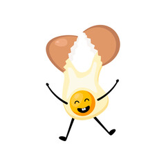 Raw egg with cute face cartoon illustration. Chicken egg for breakfast. Happy raw egg character. Easter, cooking, food, emotion concept