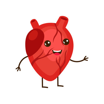 Happy comic heart flat vector illustration. Cute healthy heart cartoon character on white background. Medicine, physiology, biology, anatomy concept