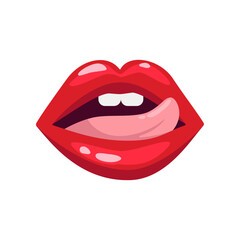 Lips of women with red lipstick and tongue vector illustration. Cartoon drawing of open comic female mouth, lip gloss, girl licking lips. Love, desire, glamour concept