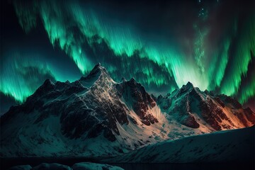  a mountain covered in snow and green lights in the sky above it is a mountain range with snow covered mountains and a green and red aurora light in the sky above it is a mountain.