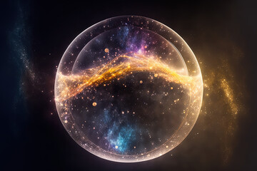 Universe inside a bright orb of translucide crystal. Beautiful concept illustration of infinity. digital representation dust scratches and a grainy feel. Blurred focus. Generative AI