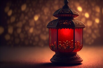 Chinese red metal lamp glowing in chinese new year 2023 eve on black and golden bokeh background, generative ai