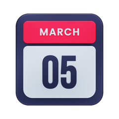 March Realistic Calendar Icon 3D Illustration Date March 05