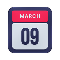 March Realistic Calendar Icon 3D Illustration Date March 09