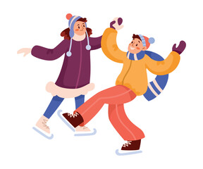 Winter Season with Happy Man and Woman in Knitted Hat Ice Skating Vector Illustration