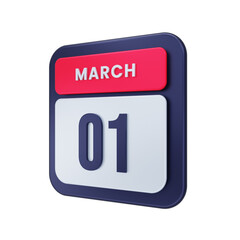 March Realistic Calendar Icon 3D Illustration Date March 01