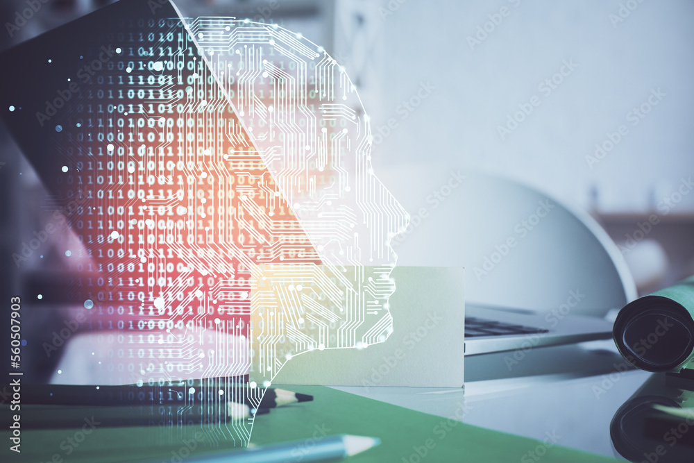 Poster Double exposure of table with computer and brain hologram. Data innovation concept.