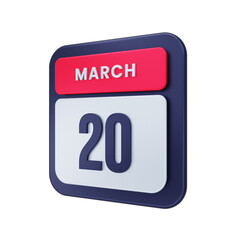 March Realistic Calendar Icon 3D Illustration Date March 20