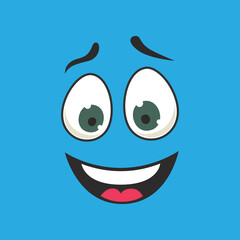 Emoticon with smiling facial expression with teeth vector illustration. Eyes and mouth of cute expressive cartoon character, comic happy face isolated on blue background. Emotions concept