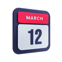 March Realistic Calendar Icon 3D Illustration Date March 12