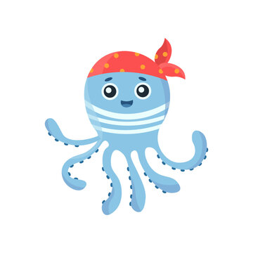 Cute octopus character flat vector illustration. Cartoon character, cute blue octopus, underwater animal. Adventure concept