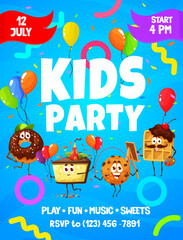 Kids party flyer with cartoon desserts, pastry and bakery characters. Vector promo invitation poster with cute sweet food personages donut, cake, chocolate cookie and waffle with balloons and confetti