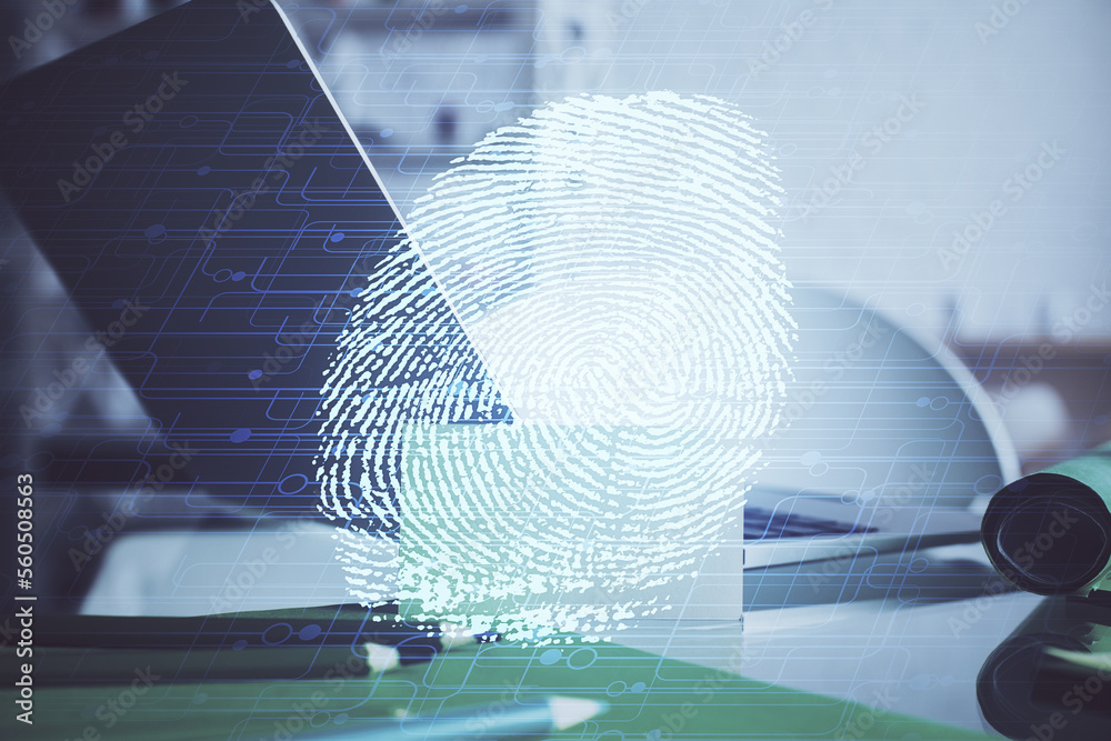 Aufkleber computer on desktop in office with finger print drawing. double exposure. concept of business data s