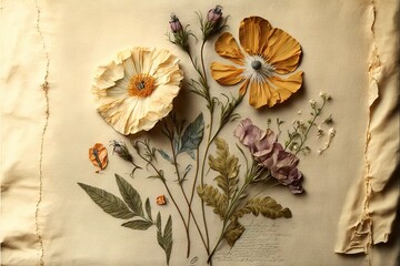  a group of flowers on a piece of cloth with leaves and flowers on it, with a white background, with a yellow border, and a few other flowers, and a few other. - obrazy, fototapety, plakaty