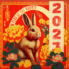Year of the rabbit - Chinese new year 2023 greeting card with bunny, red traditional Chinese design. Lunar new year concept, vintage retro design. 卯年　年賀状テンプレート - obrazy, fototapety, plakaty