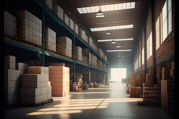 Carton boxes boxes in warehouse. Warehouse for product storage and logistics. AI generative