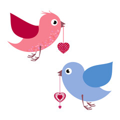 Stylized bright cartoon birds with decorative patterns hearts in their beak, a symbol of spring holidays, love, marriage, Valentine's Day