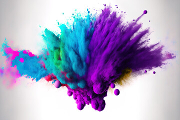 Cosmo bomb in blue and purple. explosion of neon hued, flowing, and colorful powder on a copyspace enhanced white studio background. contemporary, in style colors. Festival, fashion, and beauty ideas