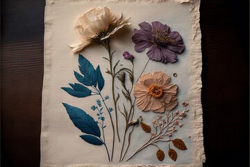  a picture of a bunch of flowers on a piece of paper on a table top with a wooden table top in the background and a piece of paper with a flower on it and a.