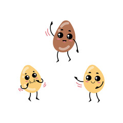 Funny cedar nuts with cute face cartoon illustration. Cedar nuts, cedar nuts playing. Vegan or vegetarian food, seed, love, emotion concept