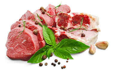 Collections fresh raw meat with spices