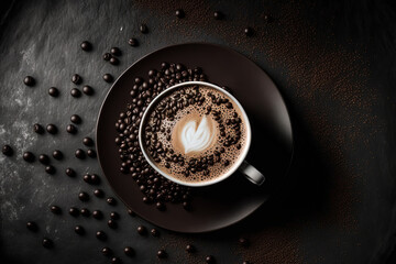 view from the top of On a background of a dark grungy table, black hot coffee with milk foam is served in a white ceramic cup along with coffee beans that have been roasted. flat lay with space for co