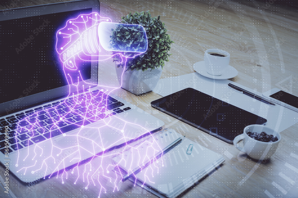 Poster Computer on desktop with AR theme icon. Multi exposure. Concept of augmented reality.