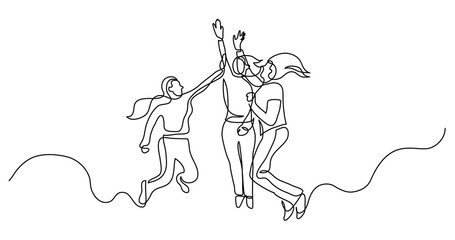 continuous line drawing of group of happy women jumping giving high five - PNG image with transparent background