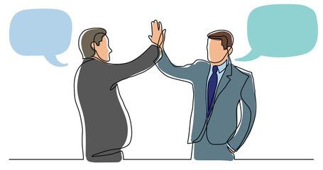 continuous line drawing of two cheerful professionals giving high five with speech bubbles colored - PNG image with transparent background