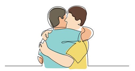 continuous line drawing of two friends meeting hugging each other colored - PNG image with transparent background