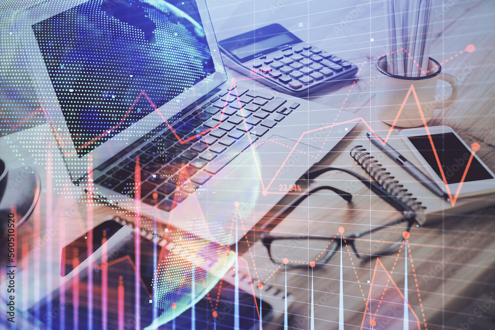 Aufkleber financial chart drawing and table with computer on background. multi exposure. concept of internatio