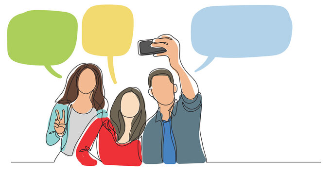 group of happy young friends making selfie with speech bubbles colored - PNG image with transparent background