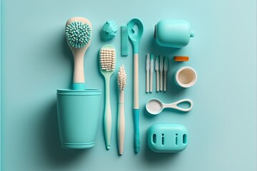  a blue table with toothbrushes, toothpaste, and other items on it, including a cup, toothbrush holder, and toothpaste holder, and other items on a blue background.