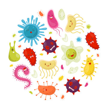 Funny Germs and Bacteria with Cute Face Round Composition Vector Template