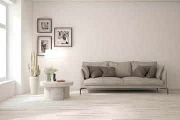 White living room with sofa. Scandinavian interior design. 3D illustration
