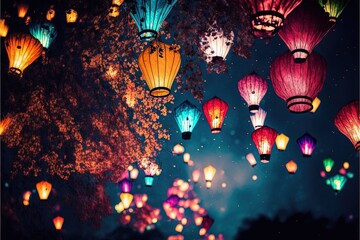  a bunch of lanterns are lit up in the night sky with a tree in the background and a few of them glowing in the dark sky with a lot of lights in the middle of the.